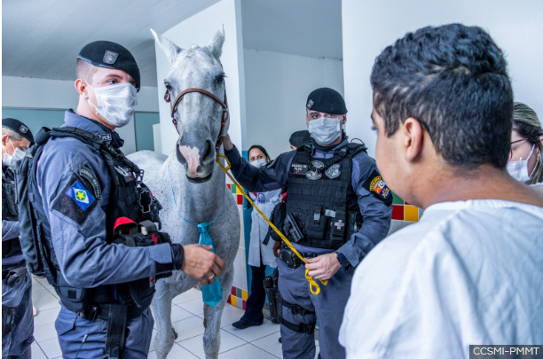 Cavalaria da PMMT realiza visita surpresa para pacientes do Hospital de Câncer de Cuiabá